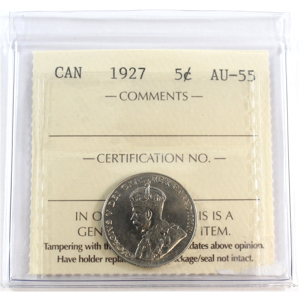 1927 Canada 5-cents ICCS Certified AU55