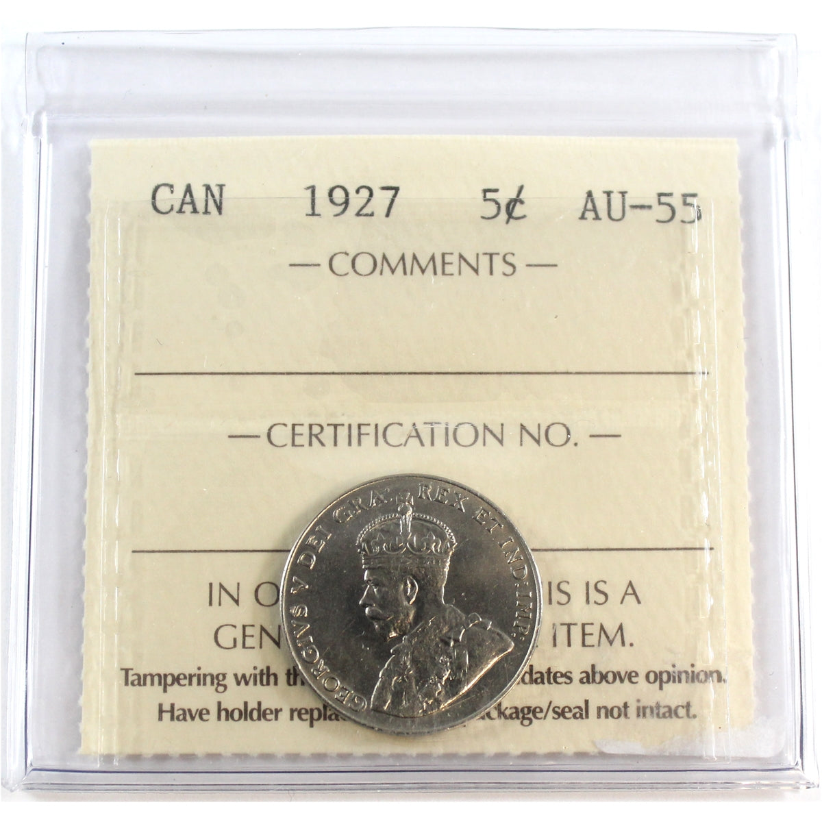 1927 Canada 5-cents ICCS Certified AU55