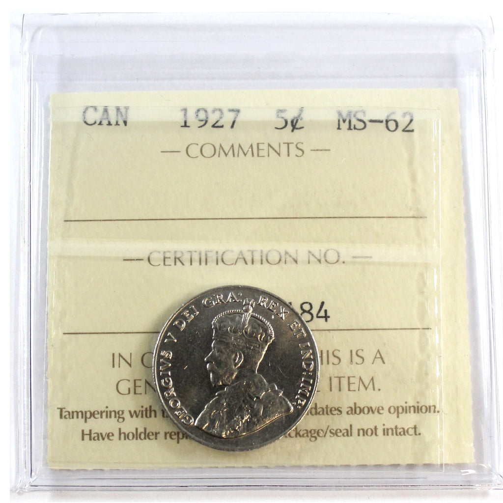 1927 Canada 5-cents ICCS Certified MS62