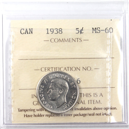 1938 Canada 5-cents ICCS Certified MS60