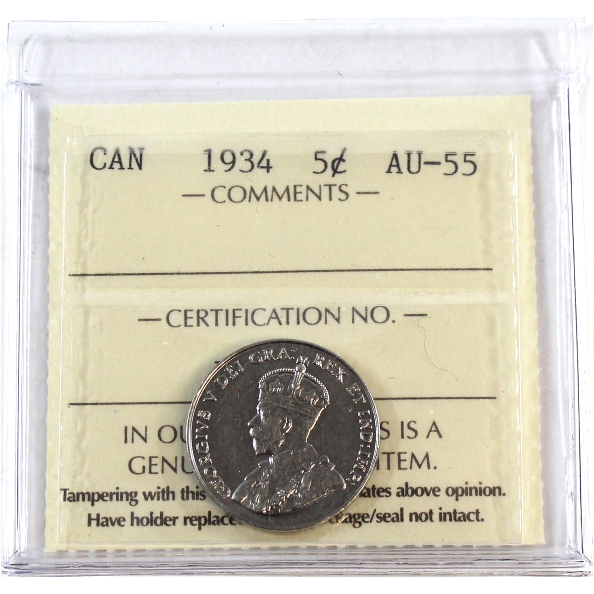 1934 Canada 5-cents ICCS Certified AU55