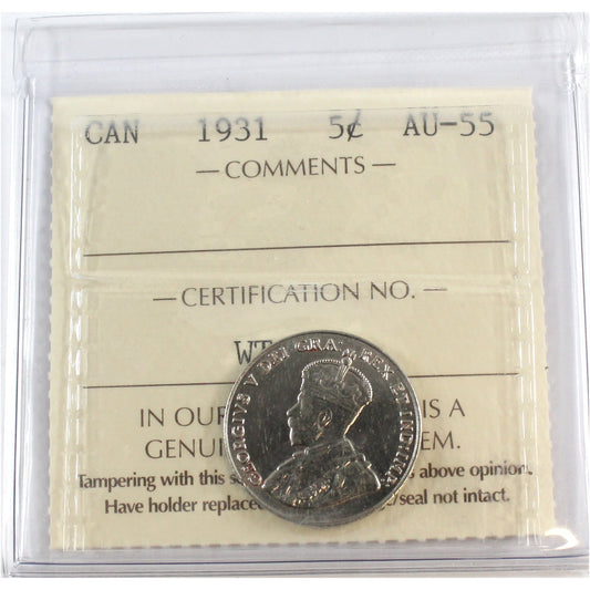 1931 Canada 5-cents ICCS Certified AU55
