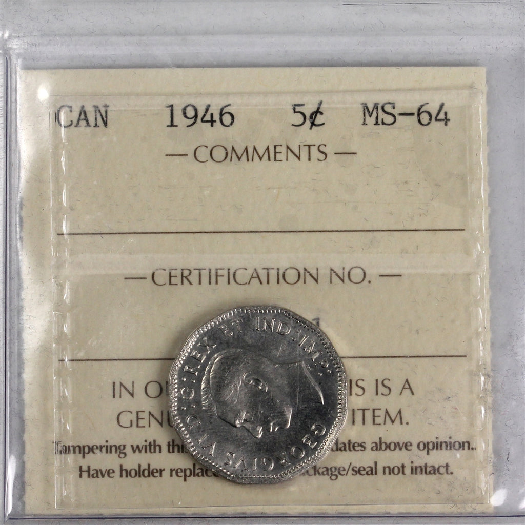 1946 Canada 5-cents ICCS Certified MS64