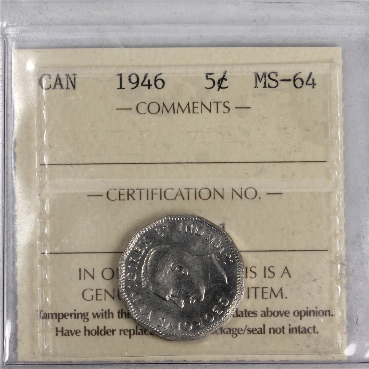 1946 Canada 5-cents ICCS Certified MS64