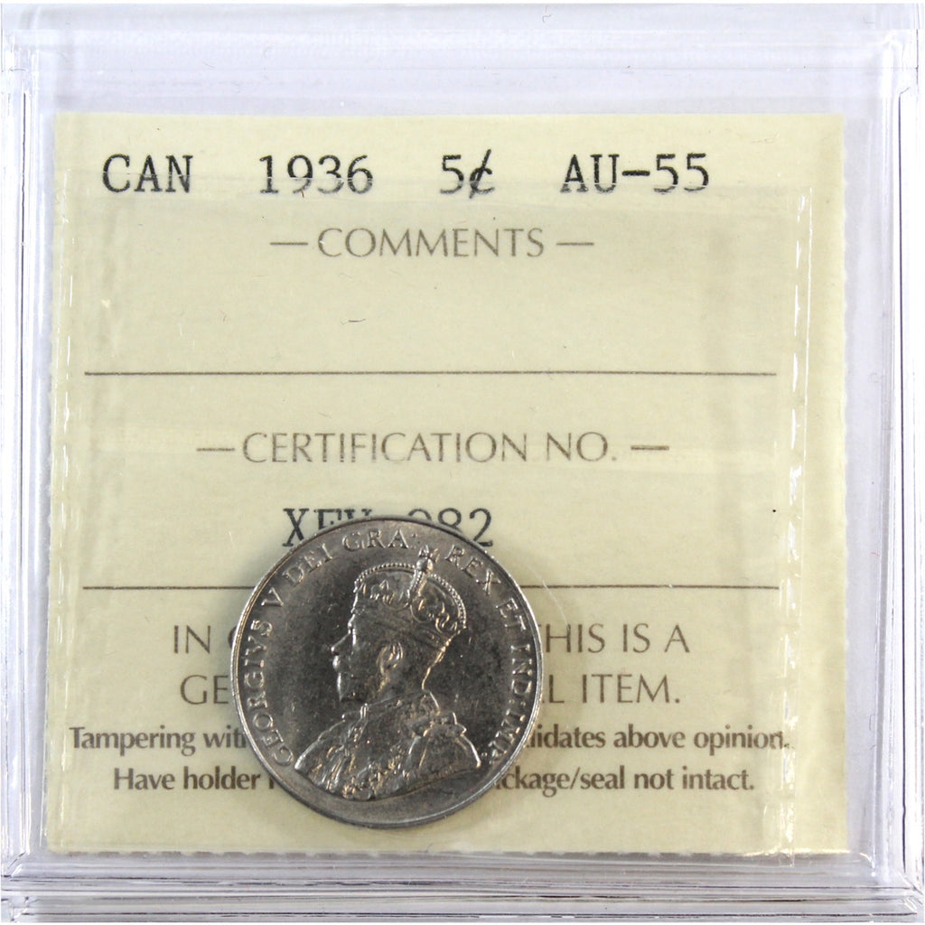 1936 Canada 5-cents ICCS Certified AU55