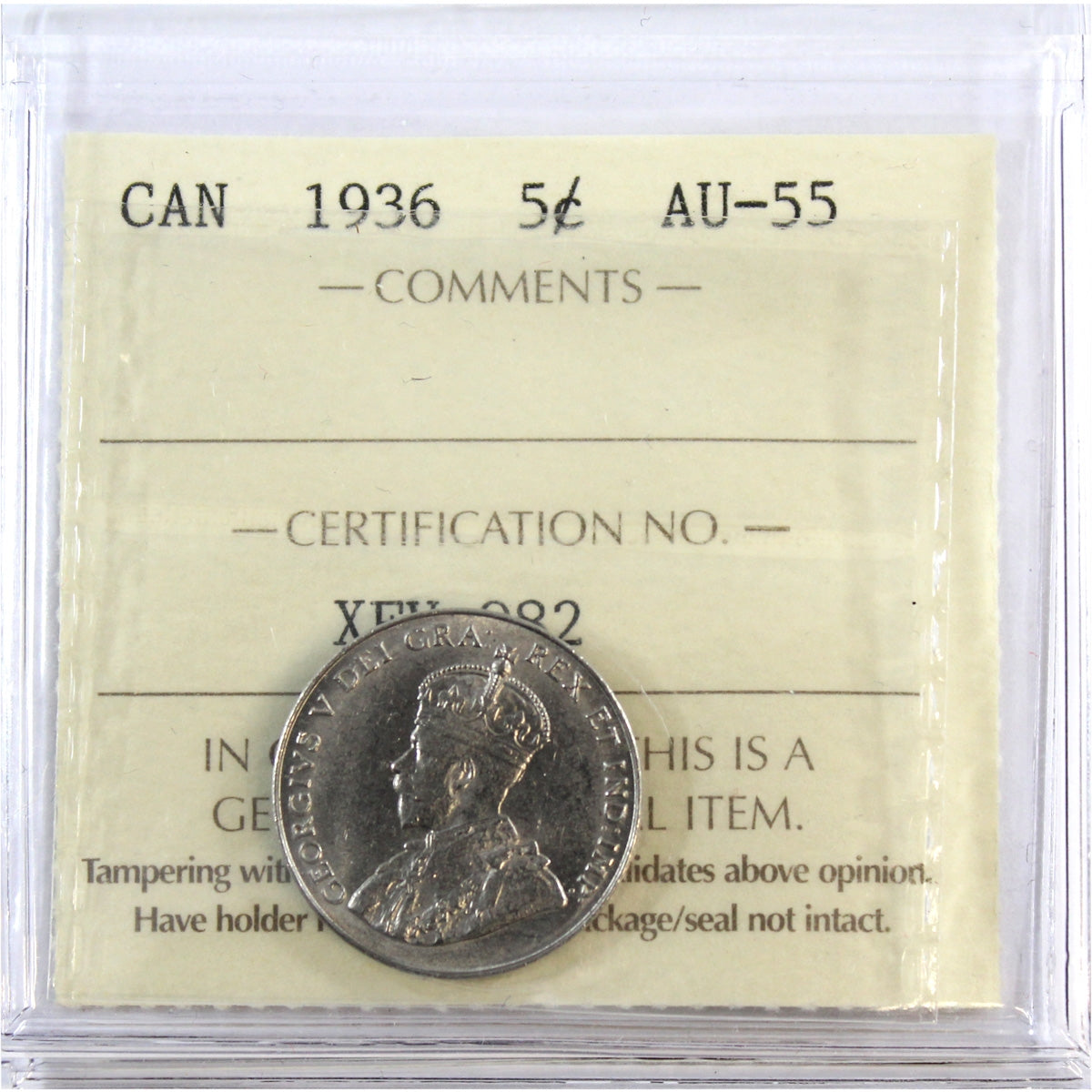 1936 Canada 5-cents ICCS Certified AU55