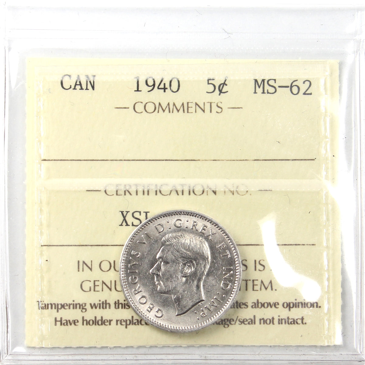 1940 Canada 5-cents ICCS Certified MS62