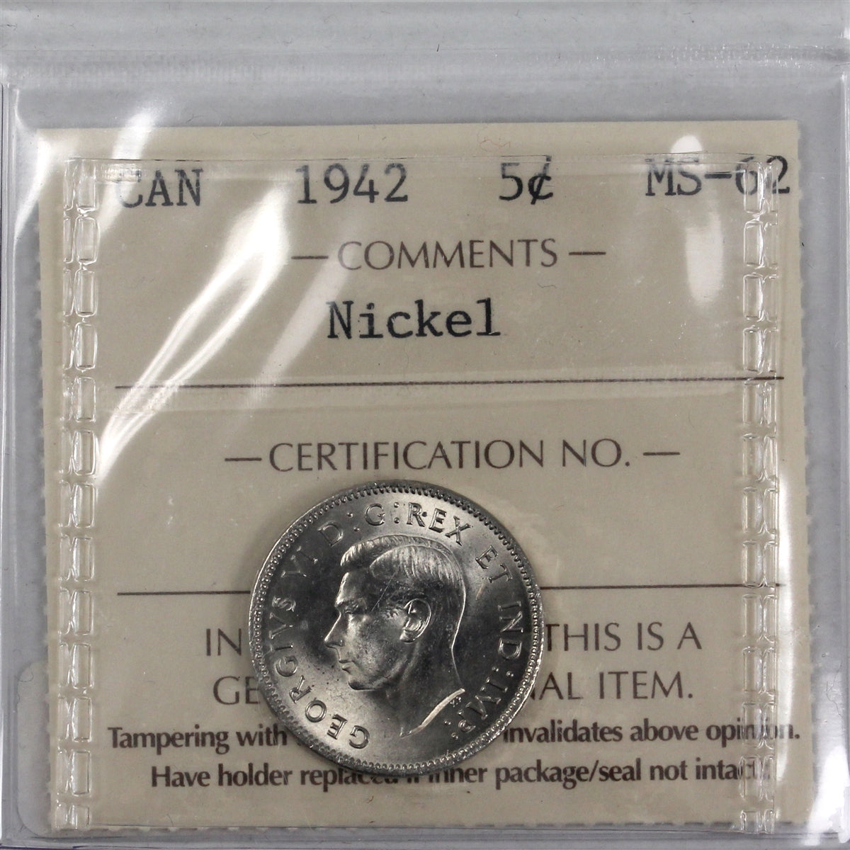1942 Nickel Canada 5-cents ICCS Certified MS62