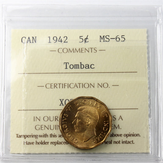 1942 Tombac Canada 5-cents ICCS Certified MS65