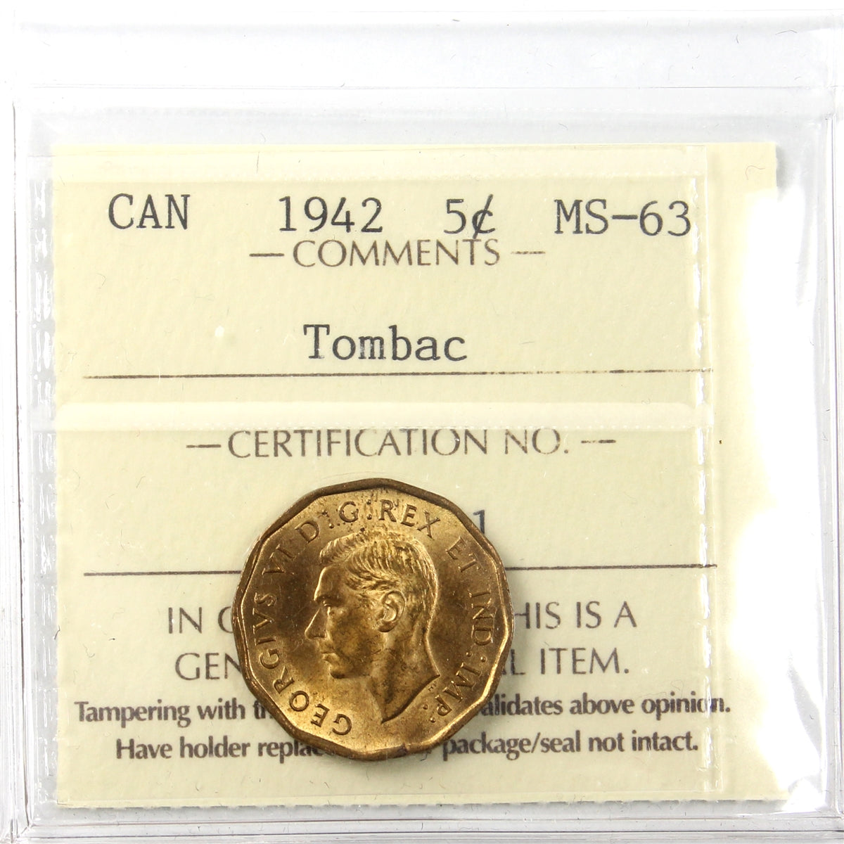 1942 Tombac Canada 5-cents ICCS Certified MS63