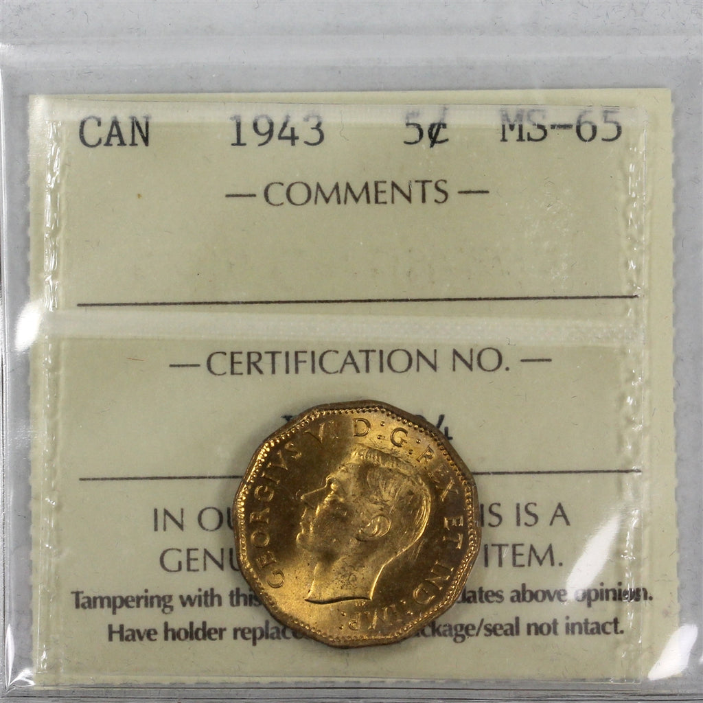 1943 Tombac Canada 5-cents ICCS Certified MS65
