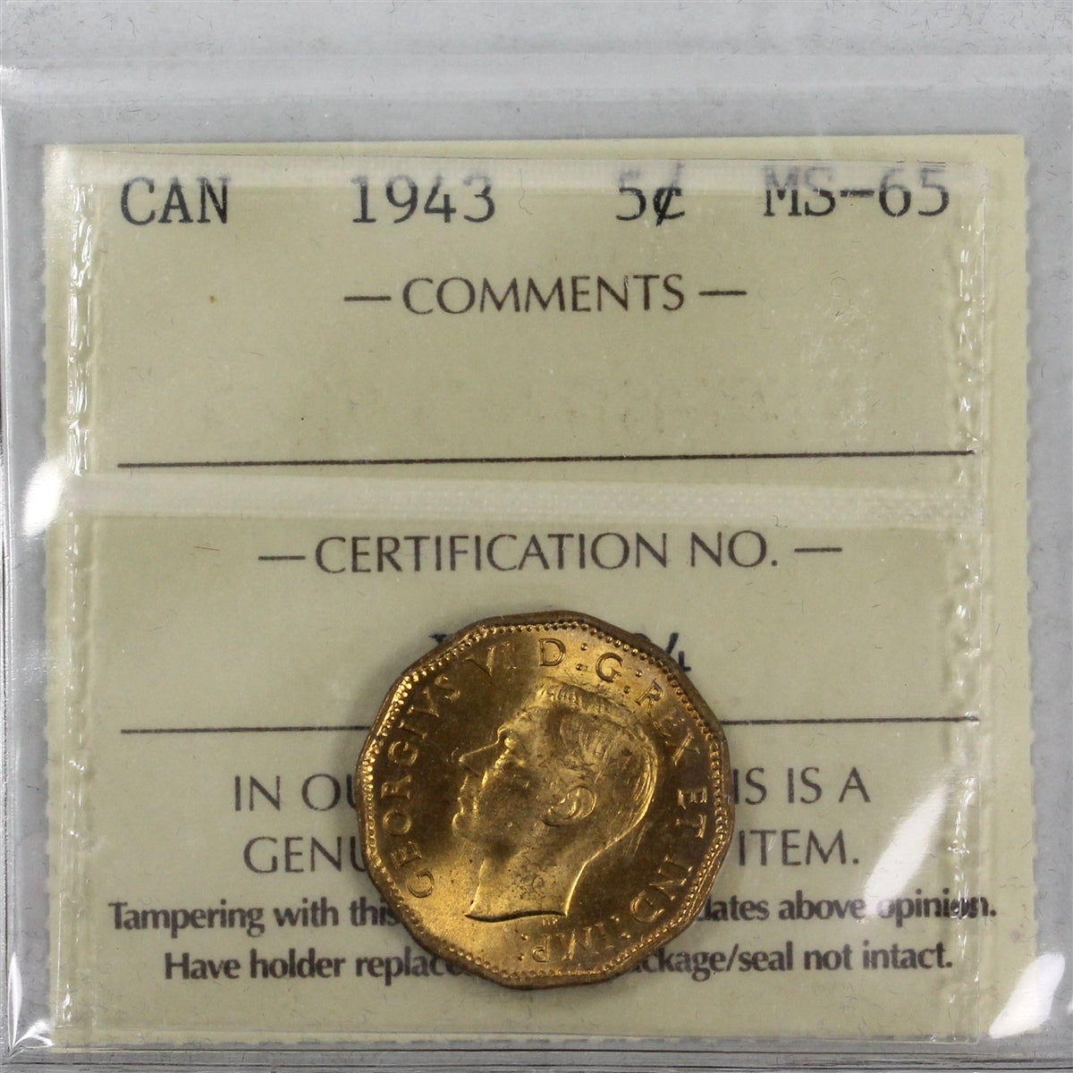 1943 Tombac Canada 5-cents ICCS Certified MS65