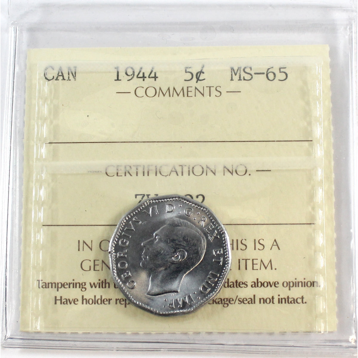1944 Canada 5-cents ICCS Certified MS65