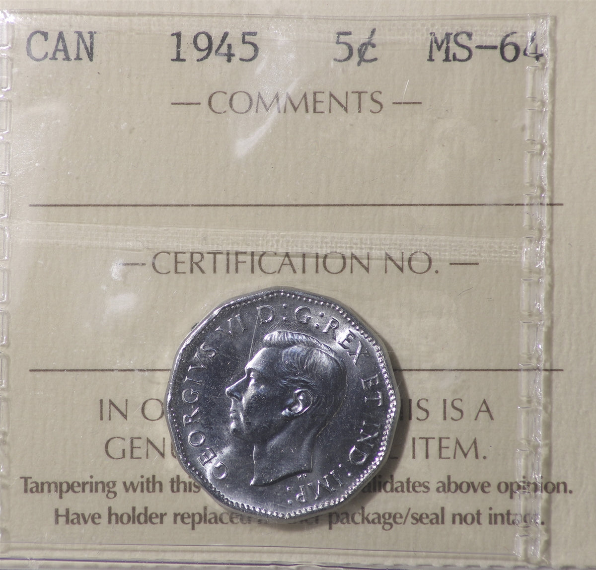 1945 Canada 5-cents ICCS Certified MS64