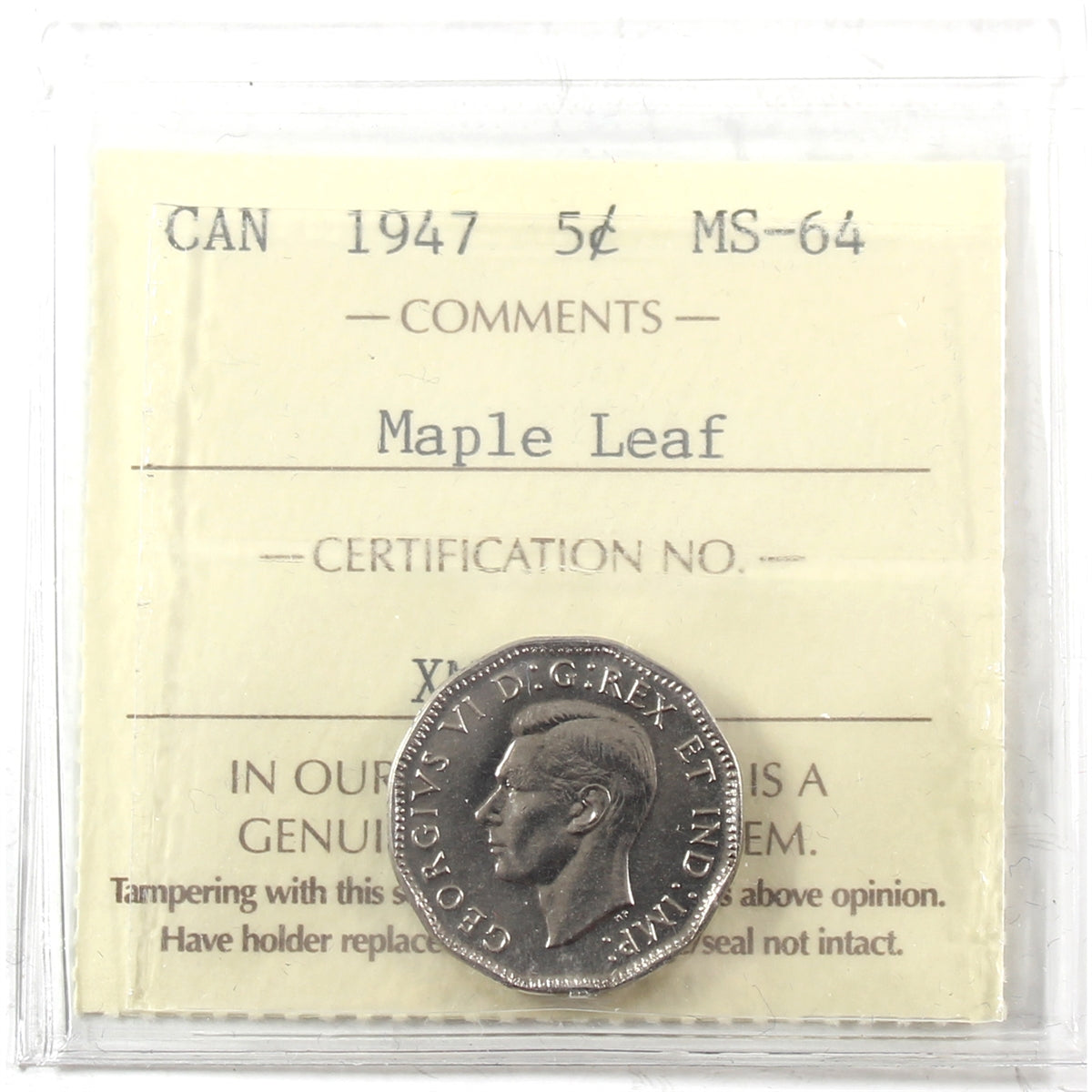 1947 Maple Leaf Canada 5-cents ICCS Certified MS64