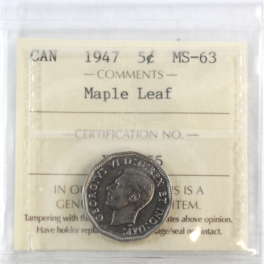 1947 Maple Leaf Canada 5-cents ICCS Certified MS63