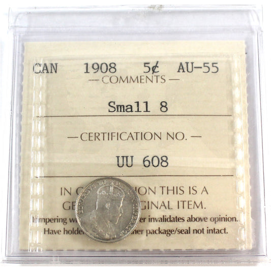 1908 Small 8 Canada 5-cents ICCS Certified AU55