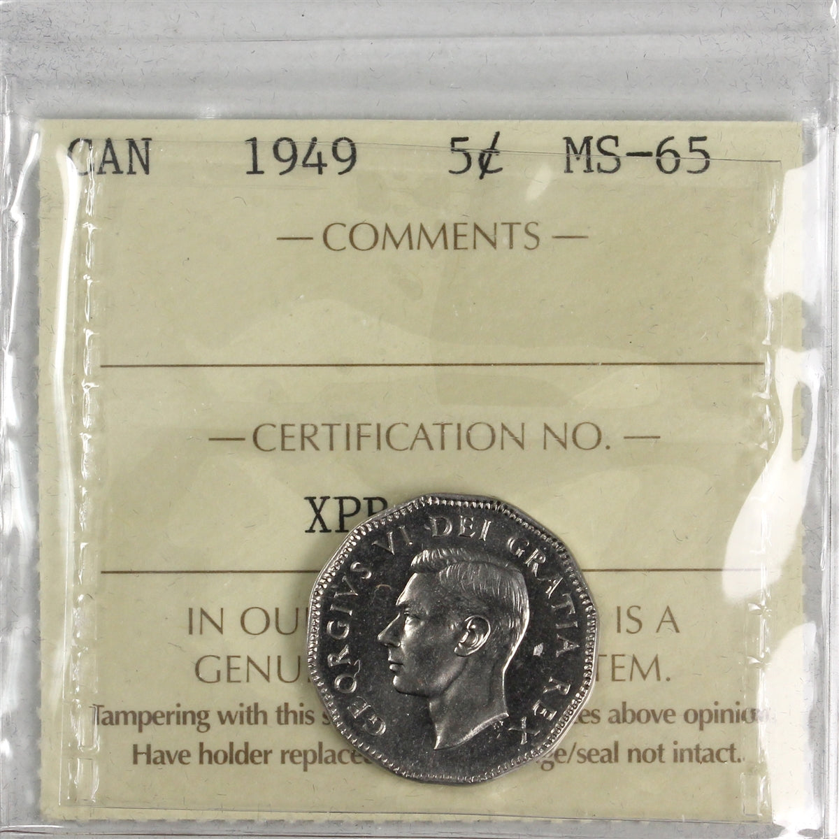 1949 Canada 5-cents ICCS Certified MS65
