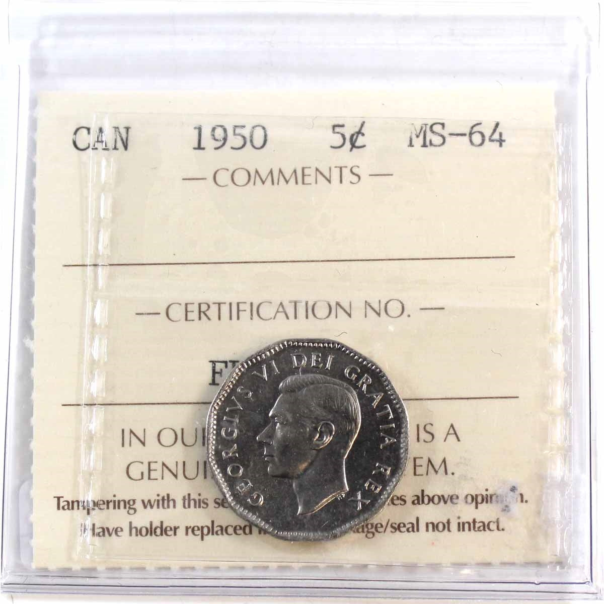 1950 Canada 5-cents ICCS Certified MS64