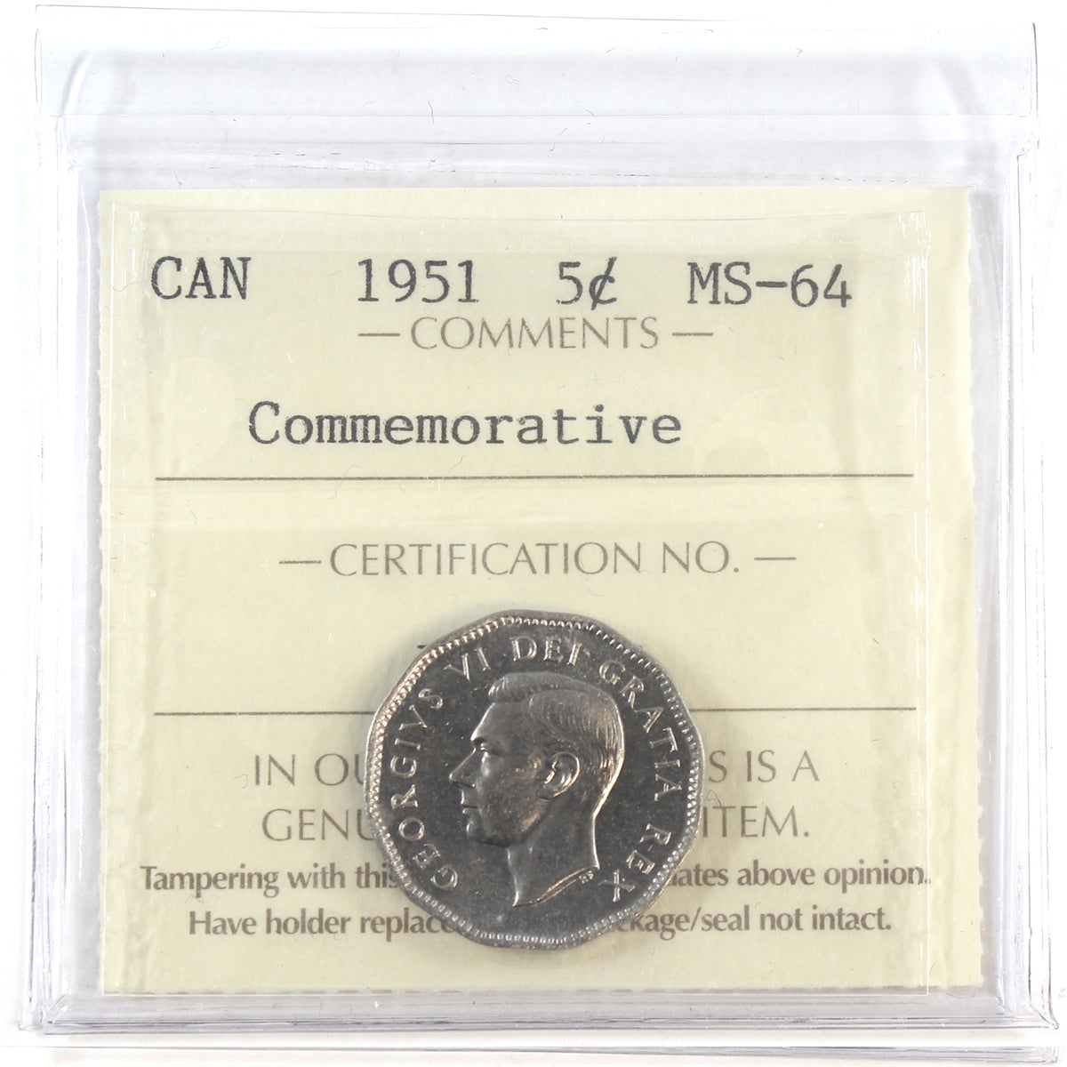 1951 Commemorative (Refinery) Canada 5-cents ICCS Certified MS64
