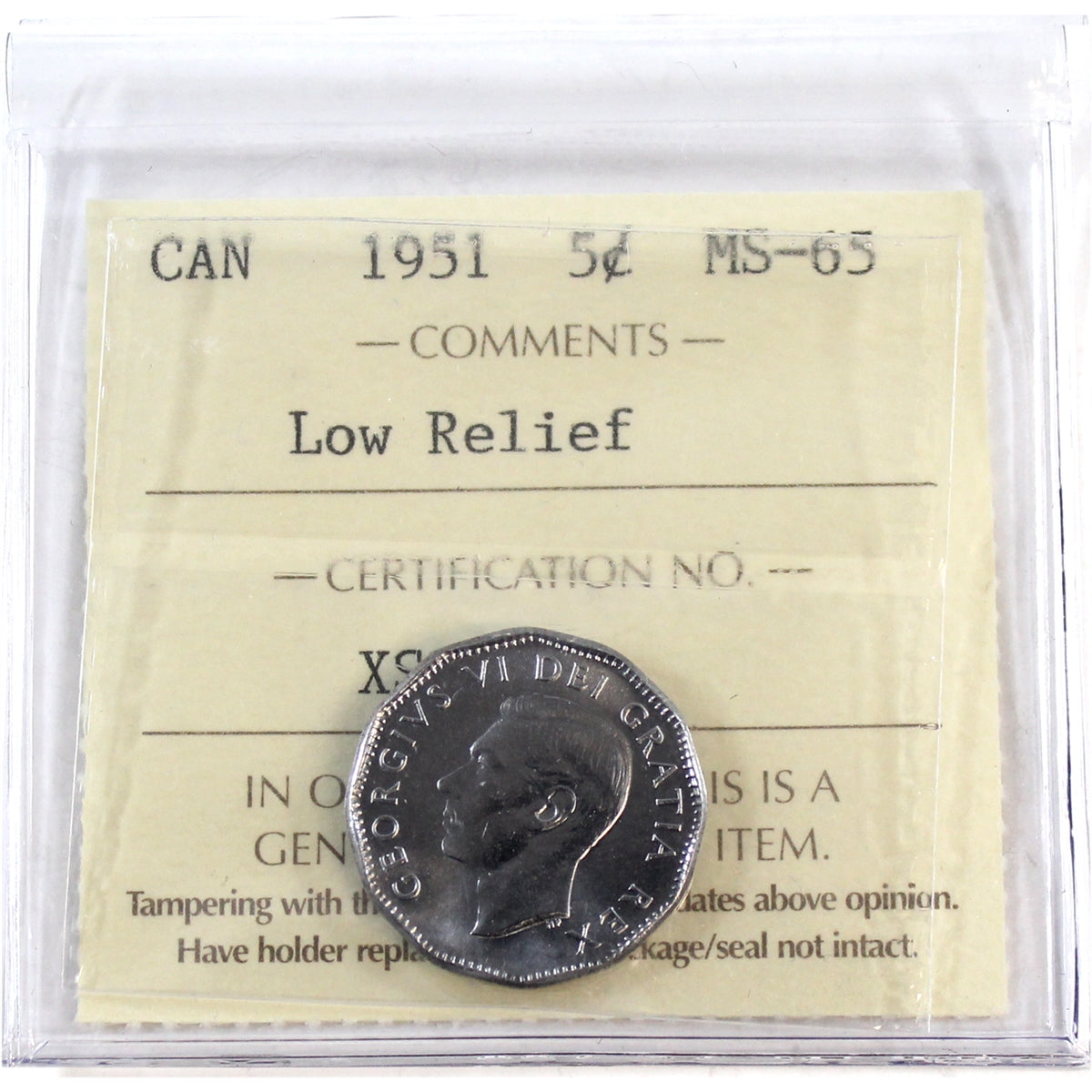 1951 Low Relief Canada 5-cents ICCS Certified MS65