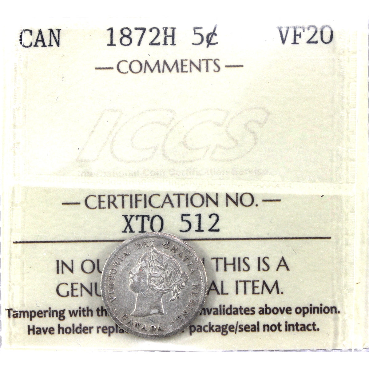1872H Canada 5-cents ICCS Certified VF20