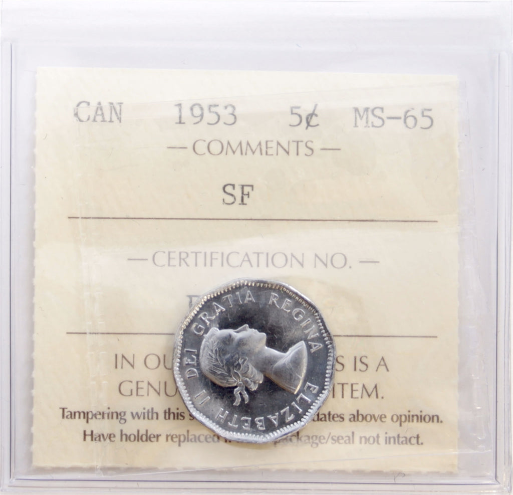 1953 SF NL Canada 5-cents ICCS Certified MS65