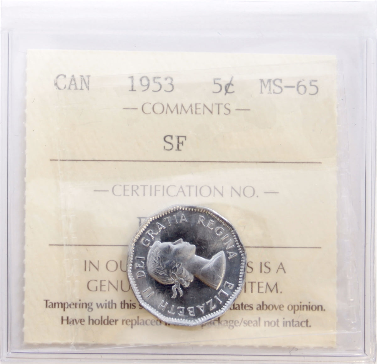 1953 SF NL Canada 5-cents ICCS Certified MS65