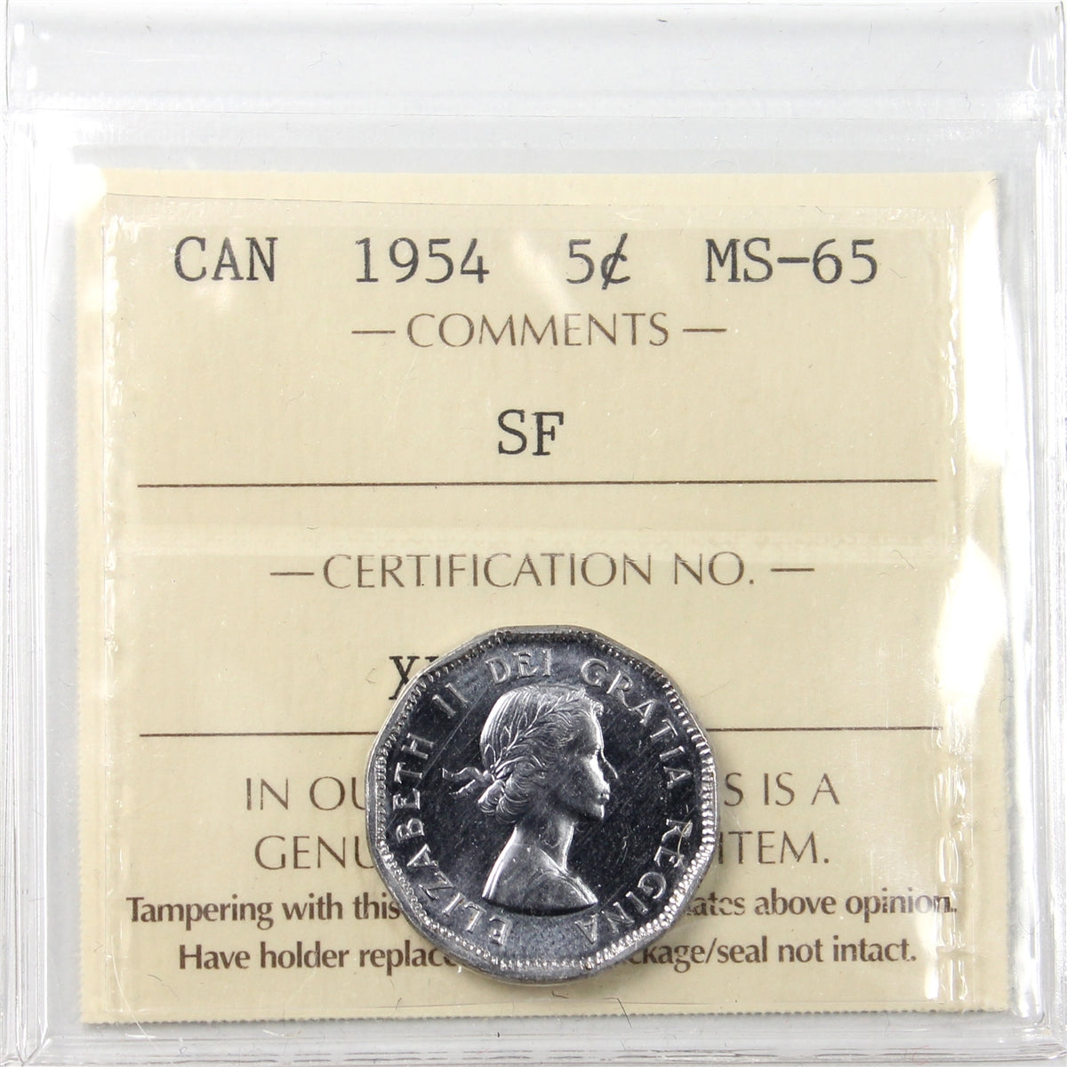1954 SF Canada 5-cents ICCS Certified MS65