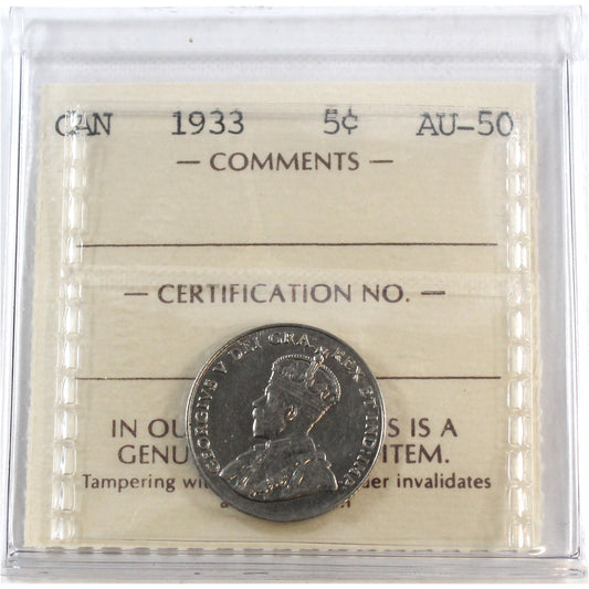 1933 Canada 5-cents ICCS Certified AU50