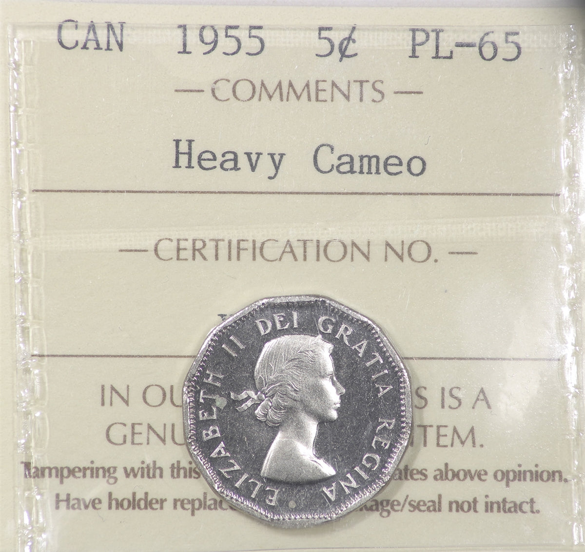 1955 Canada 5-cents ICCS Certified PL65 Heavy Cameo