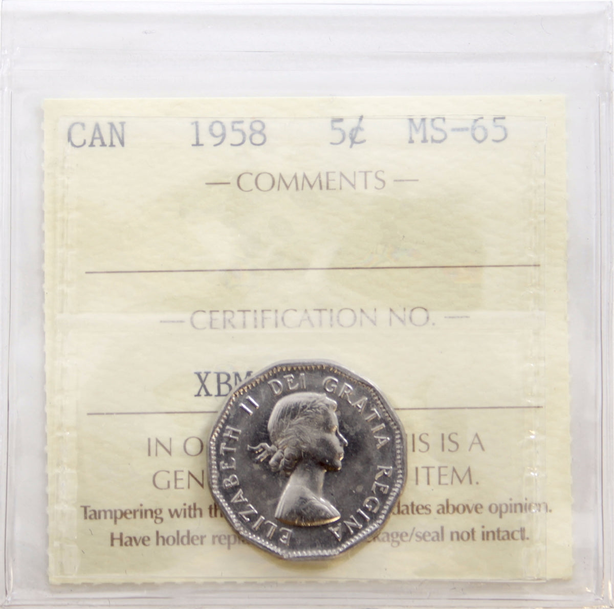 1958 Canada 5-cents ICCS Certified MS-65