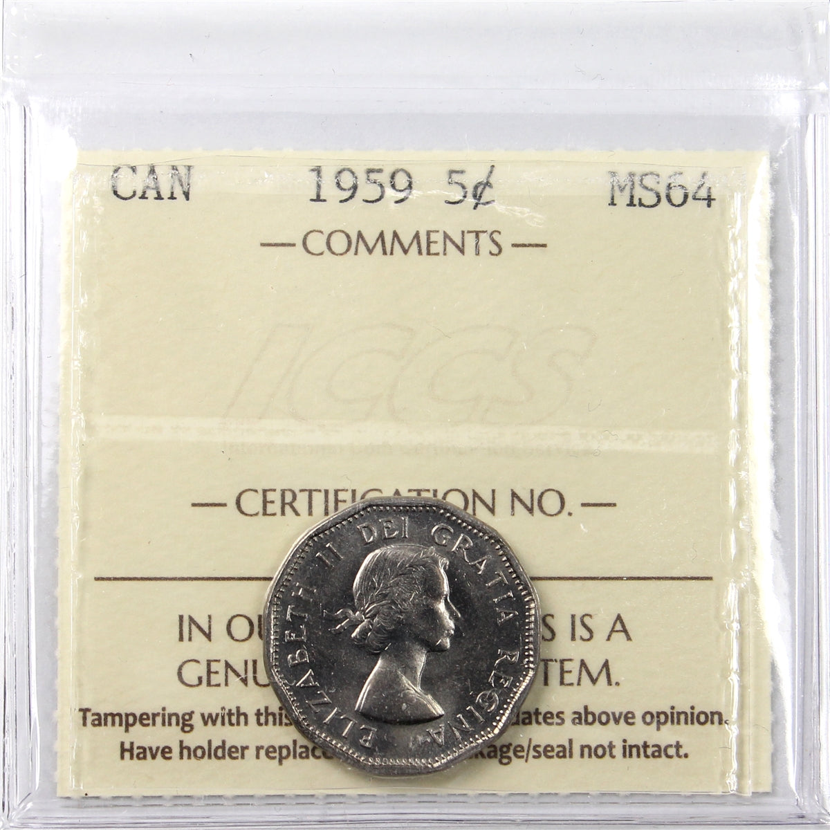 1959 Canada 5-cents ICCS Certified MS64