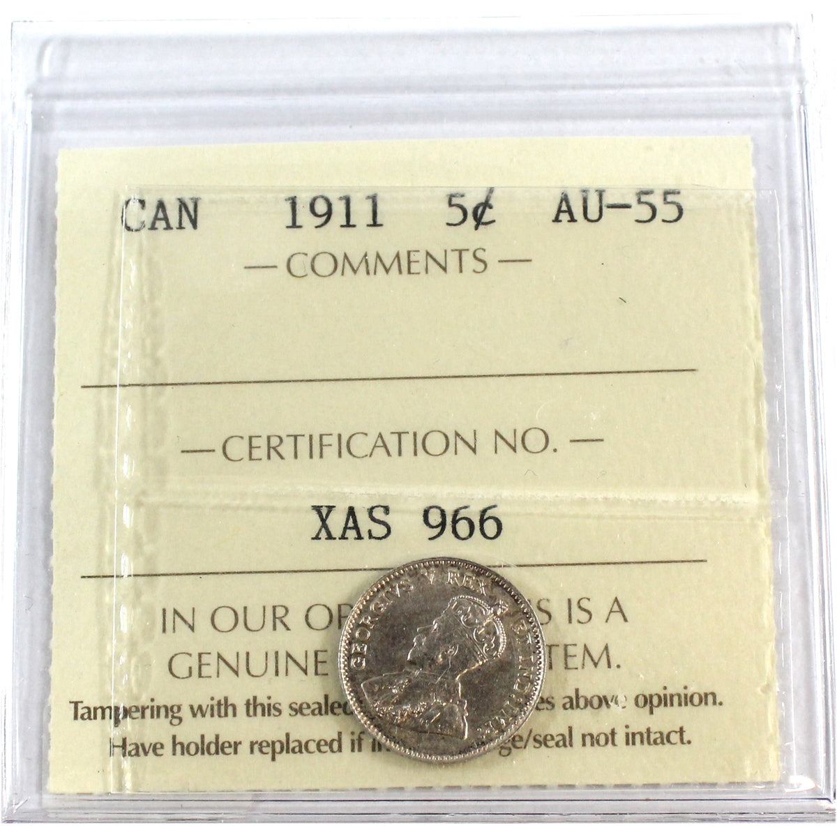 1911 Canada 5-cents ICCS Certified AU55