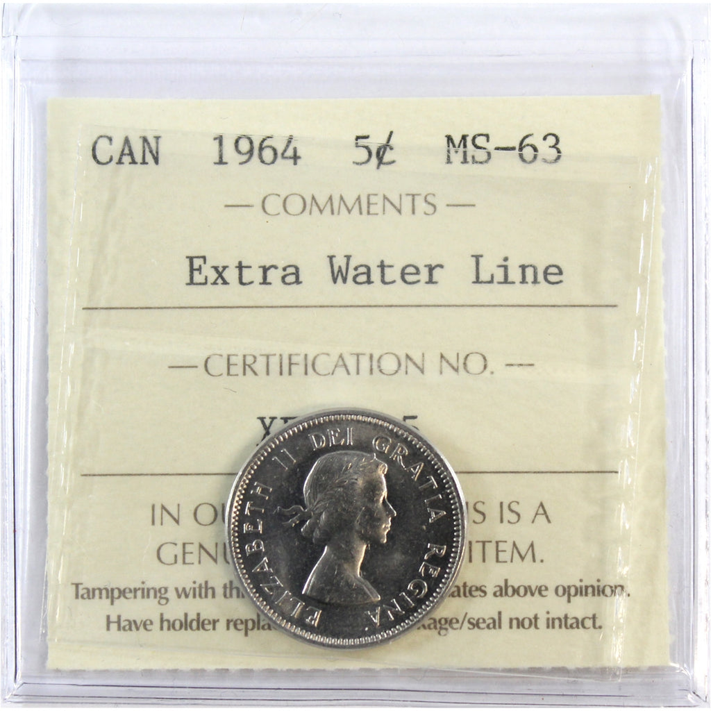 1964 Extra Water Line Canada 5-cents ICCS Certified MS63
