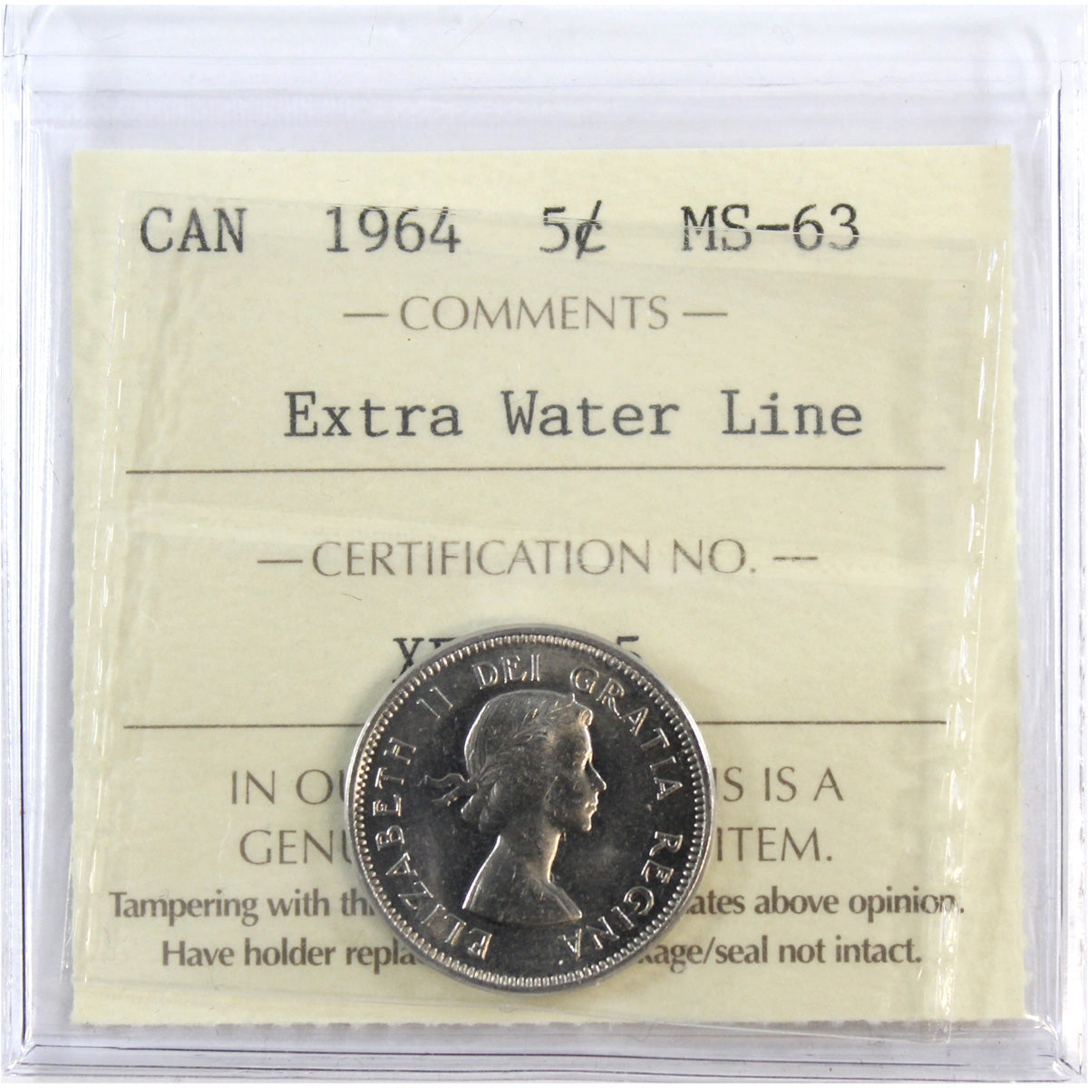 1964 Extra Water Line Canada 5-cents ICCS Certified MS63
