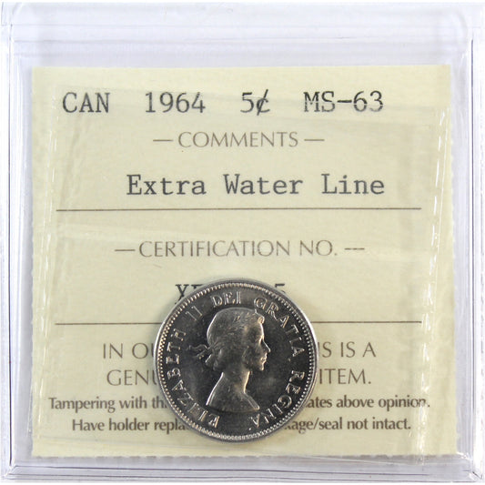 1964 Extra Water Line Canada 5-cents ICCS Certified MS63
