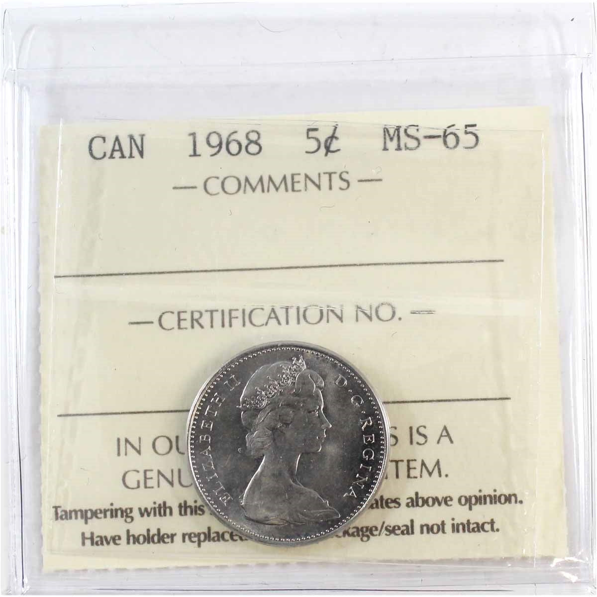 1968 Canada 5-cents ICCS Certified MS65