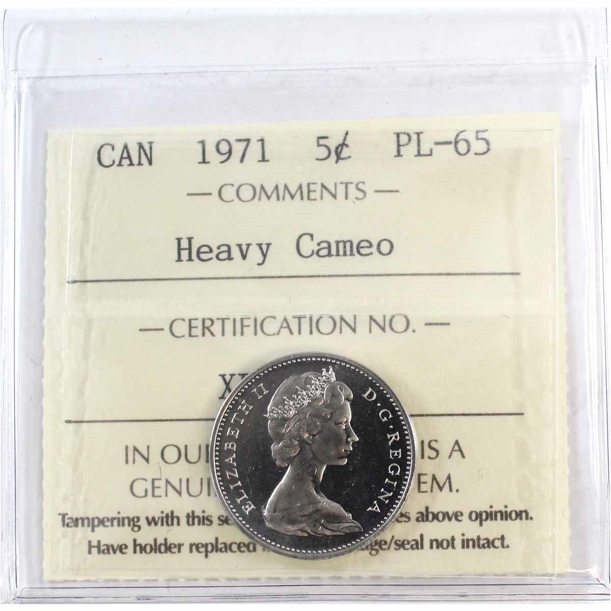 1971 Canada 5-cents ICCS Certified PL65 Heavy Cameo
