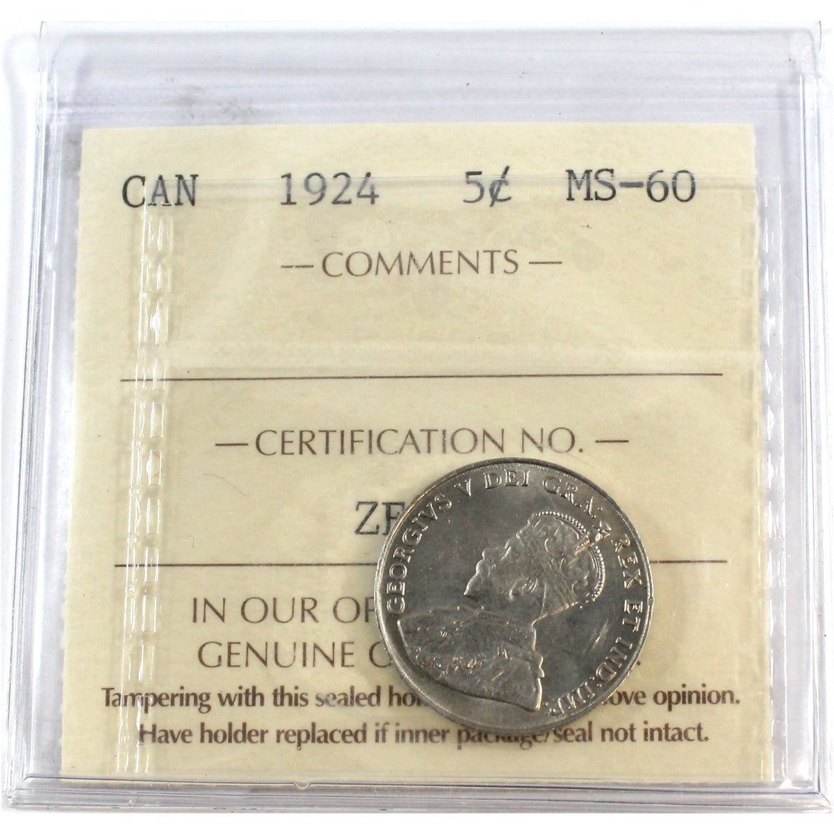 1924 Canada 5-cents ICCS Certified MS60