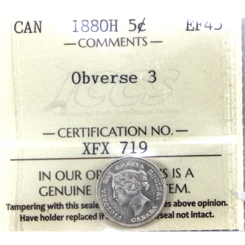 1880H Obv. 3 Canada 5-cents ICCS Certified EF45