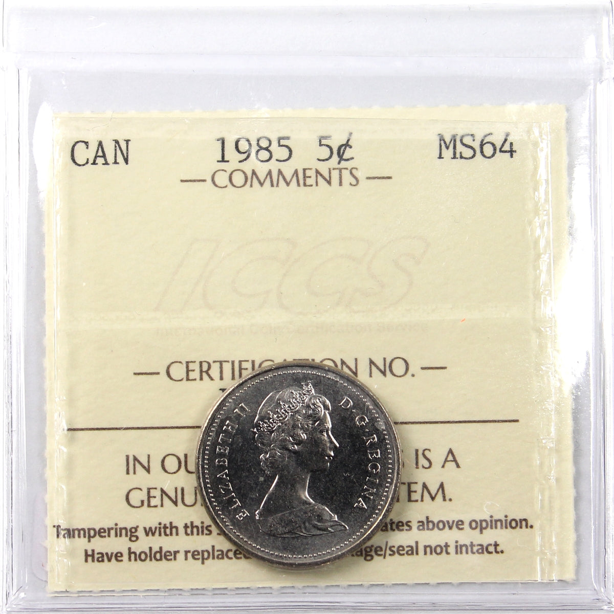 1985 Canada 5-cents ICCS Certified MS64