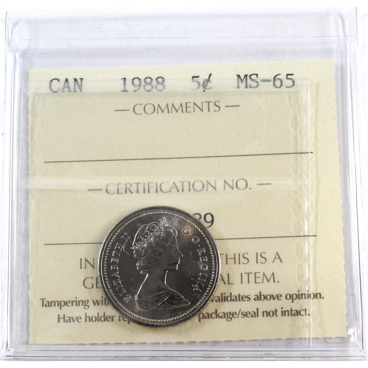 1988 Canada 5-cents ICCS Certified MS65