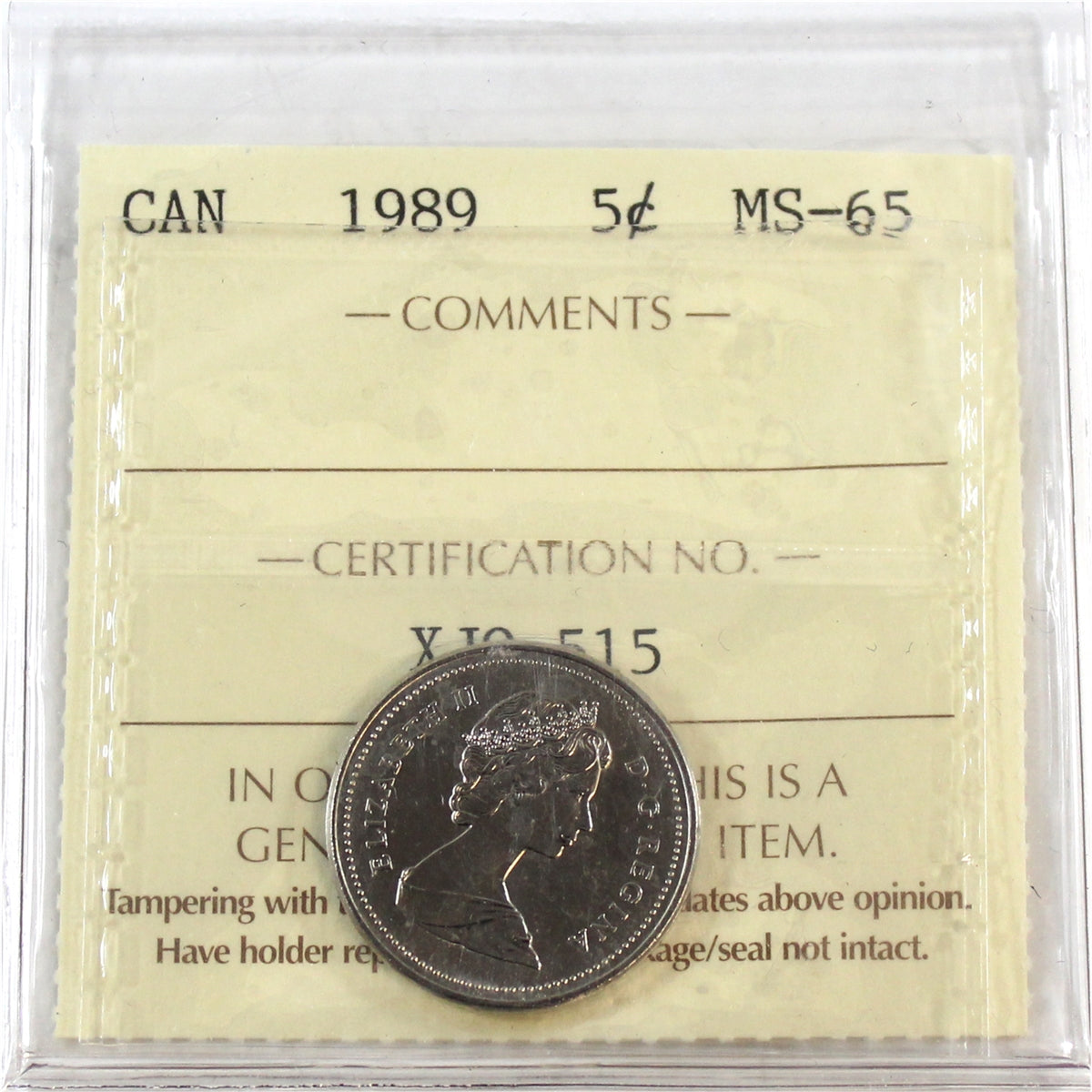 1989 Canada 5-cents ICCS Certified MS65