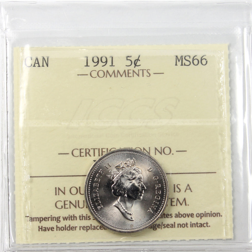 1991 Canada 5-cents ICCS Certified MS66