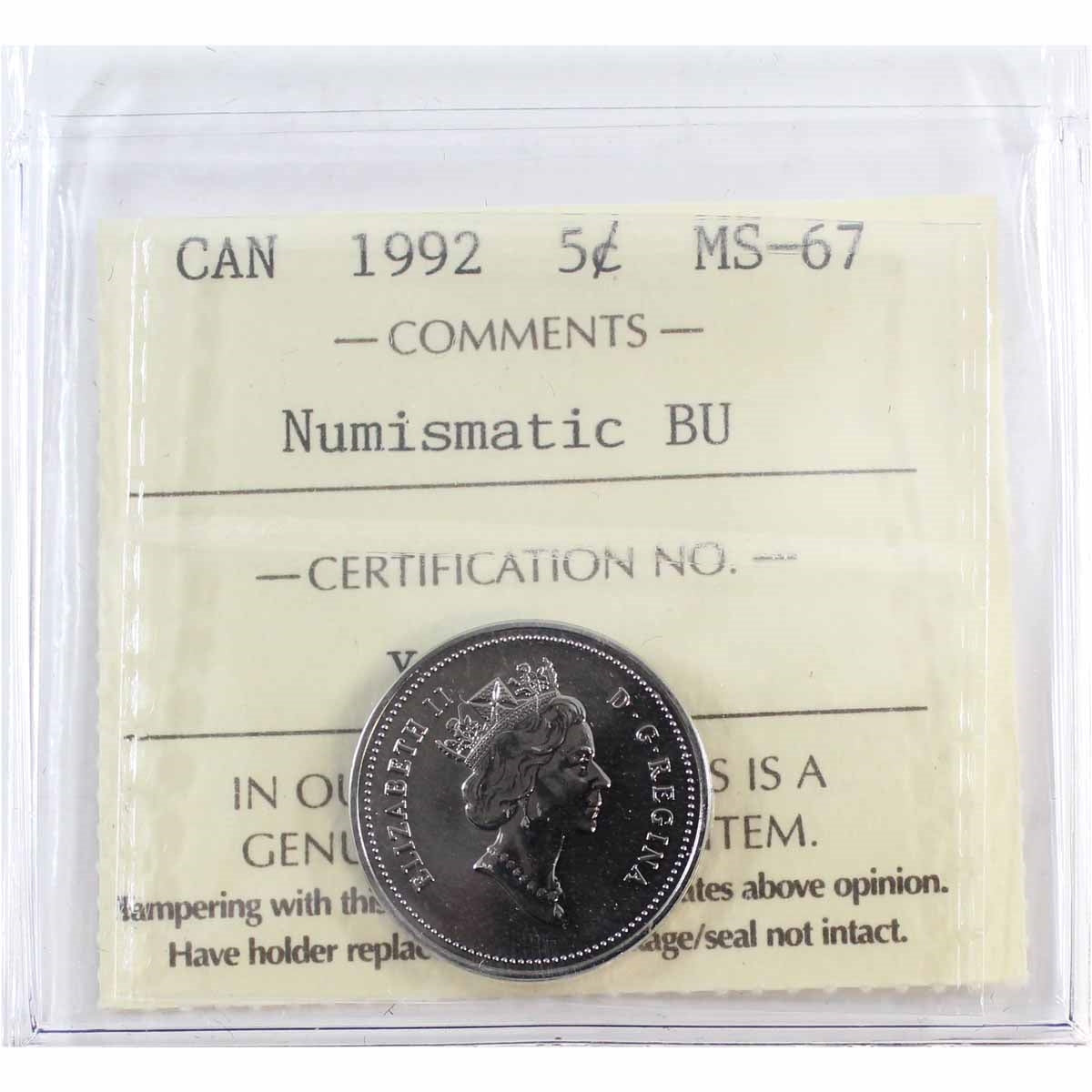 1992 Canada 5-cents ICCS Certified MS67 Numismatic BU