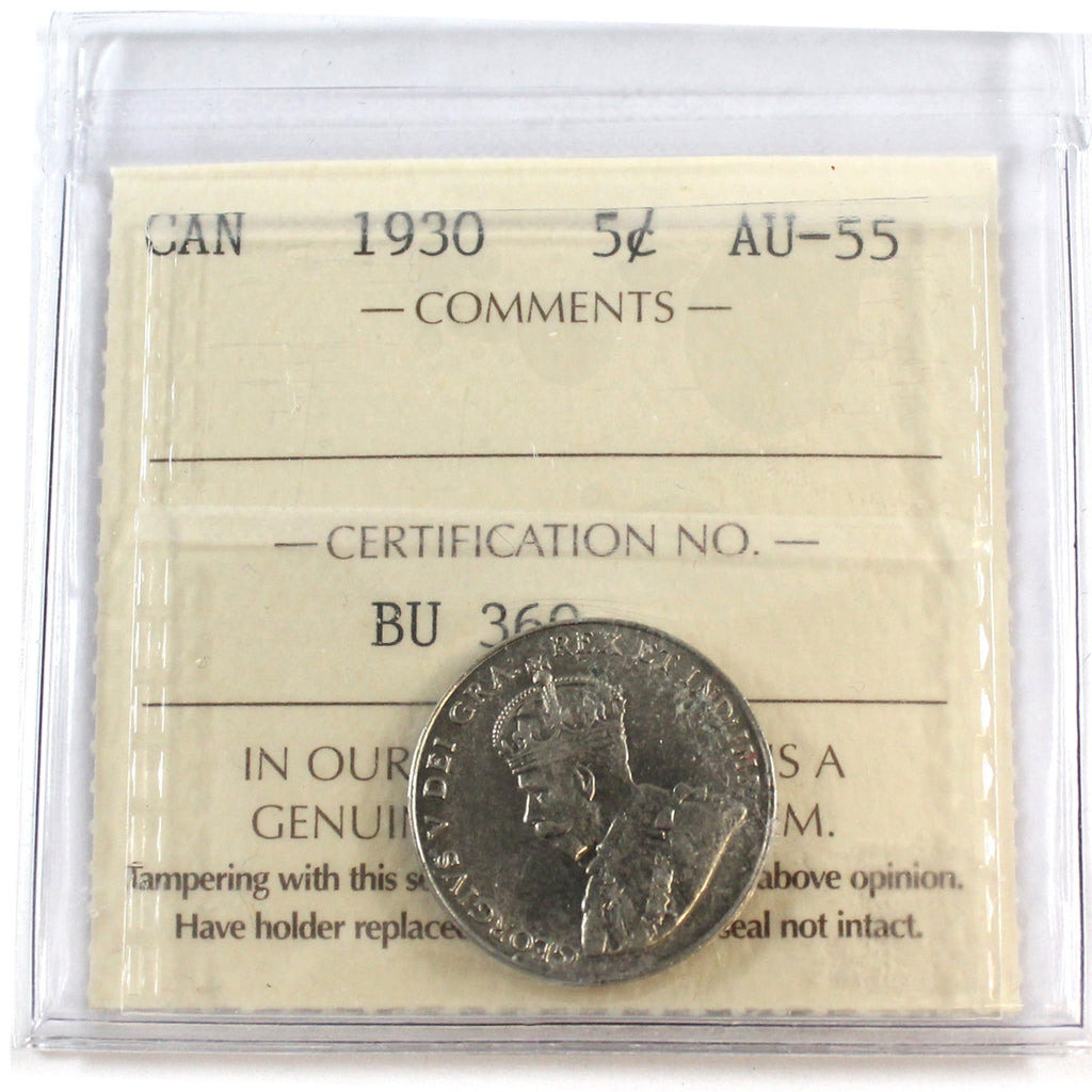 1930 Canada 5-cents ICCS Certified AU55