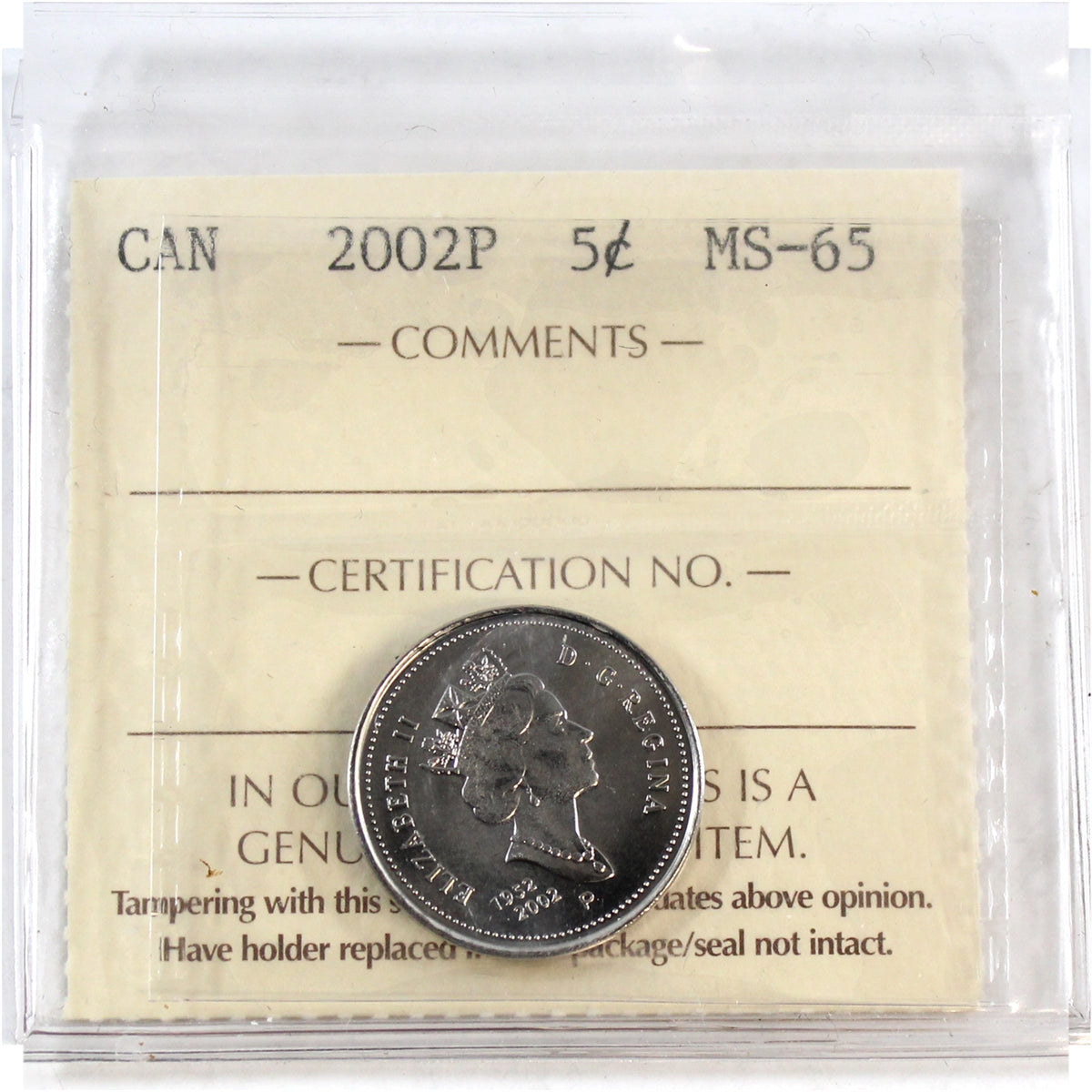 2002P Canada 5-cents ICCS Certified MS65