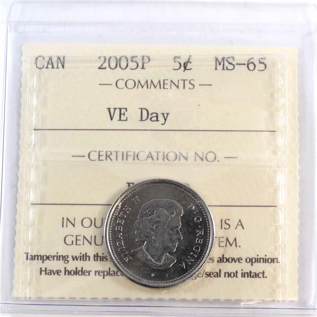2005P VE Day Canada 5-cents ICCS Certified MS65
