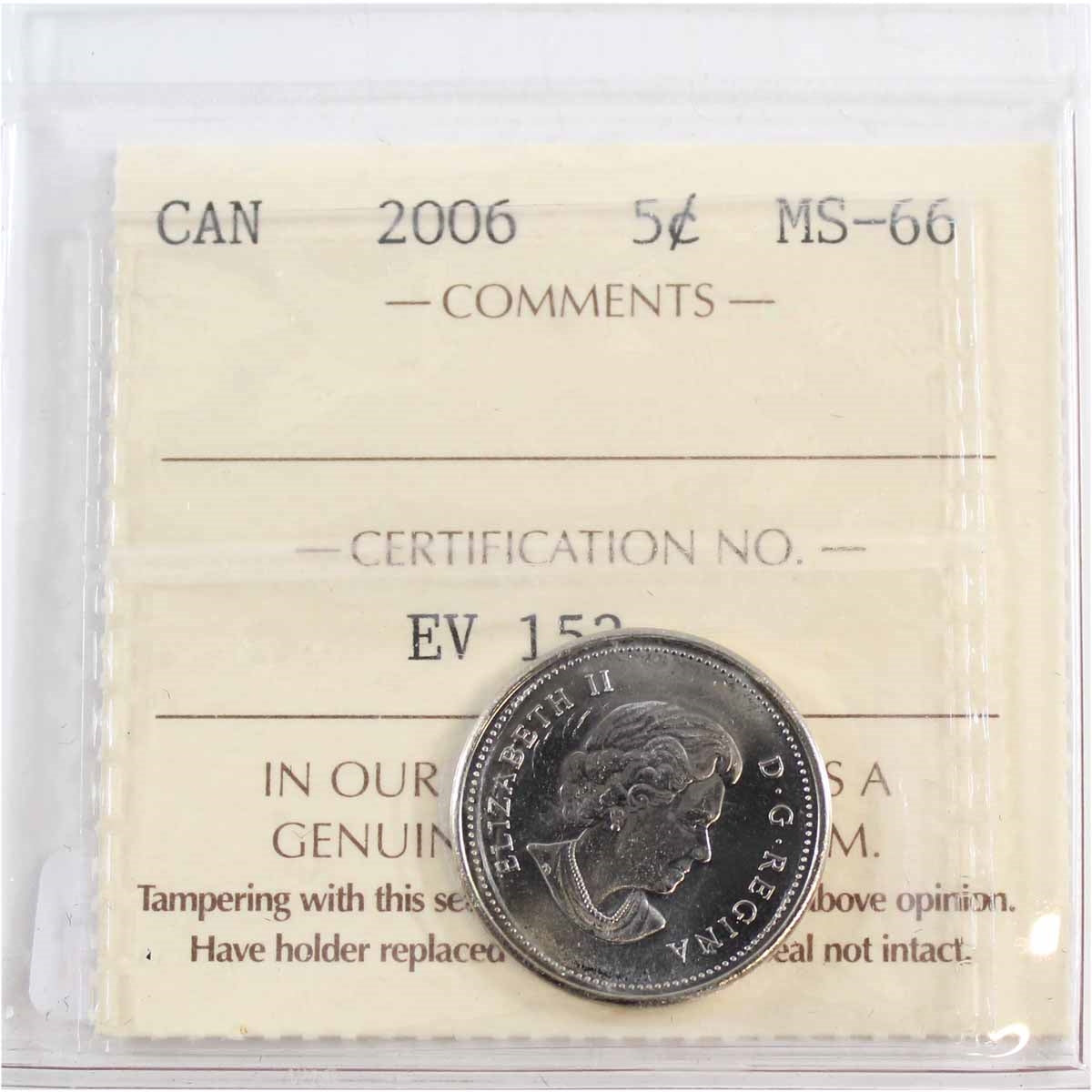 2006 Canada 5-cents ICCS Certified MS66